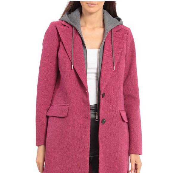 Avec Les Filles Jackets & Blazers - Avec Les Filles Women's Pink Coat with Gray Hoodie
